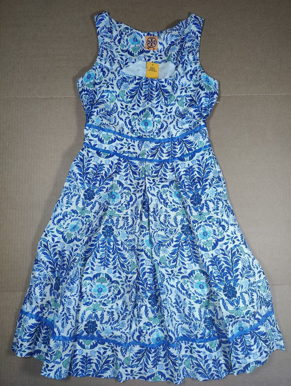 NWT Tory Burch Ramona Blue White Floral Silk Linen Fit & Flare Dress Retail 450$